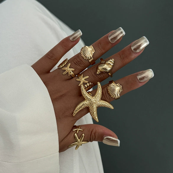 Alloy Starfish Scallop Shell Imitation Pearl Ring Set Electroplated For Women Minimalist Style