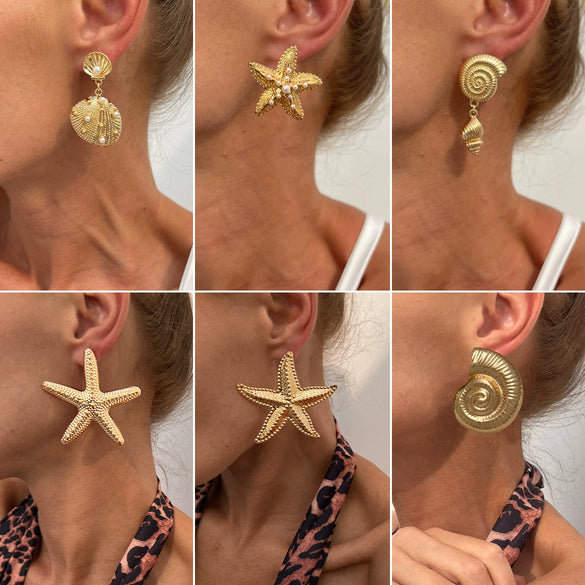 Alloy Starfish Shell Conch Earrings Minimalist Style Electroplated For Women