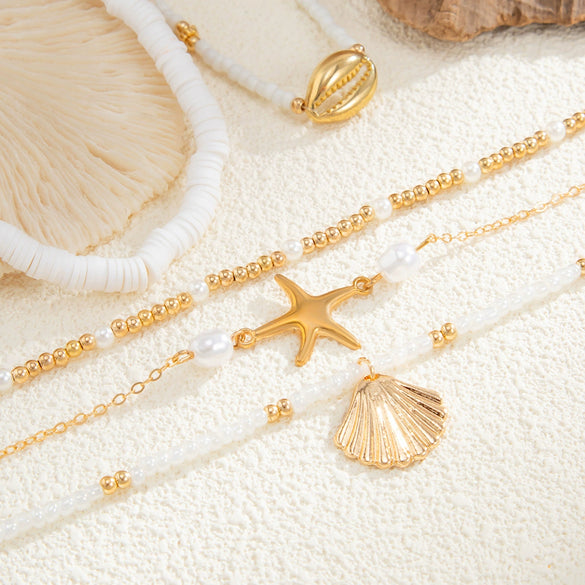 Alloy Starfish Shell Pendant Anklet Set With Imitation Pearl Rice Beads And Soft Clay Women's Fashion Foot Accessories
