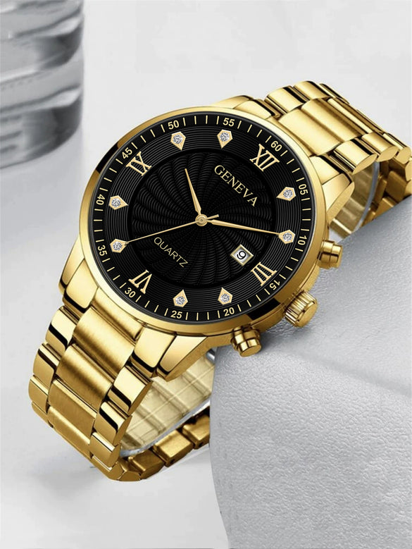 Alloy Steel Rhinestone Inlaid Men's Watch Bracelet Lion Jewelry Set With Horseshoe Buckle