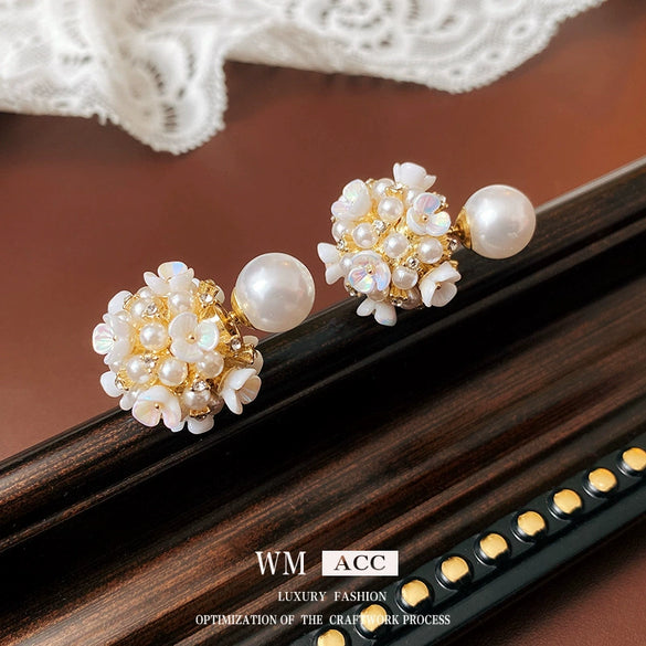 Alloy Stud Earrings With Inlaid Zircon Pearl Ball Flower Pattern Light Luxury Style For Women