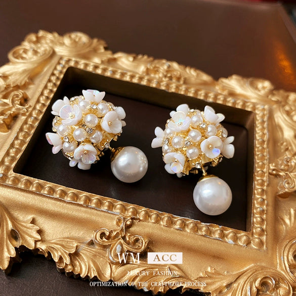 Alloy Stud Earrings With Inlaid Zircon Pearl Ball Flower Pattern Light Luxury Style For Women