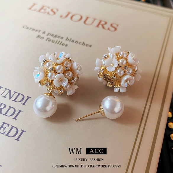 Alloy Stud Earrings With Inlaid Zircon Pearl Ball Flower Pattern Light Luxury Style For Women