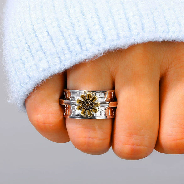 Alloy Sunflower Finger Ring Antique Style Geometric Pattern Electroplated Unisex