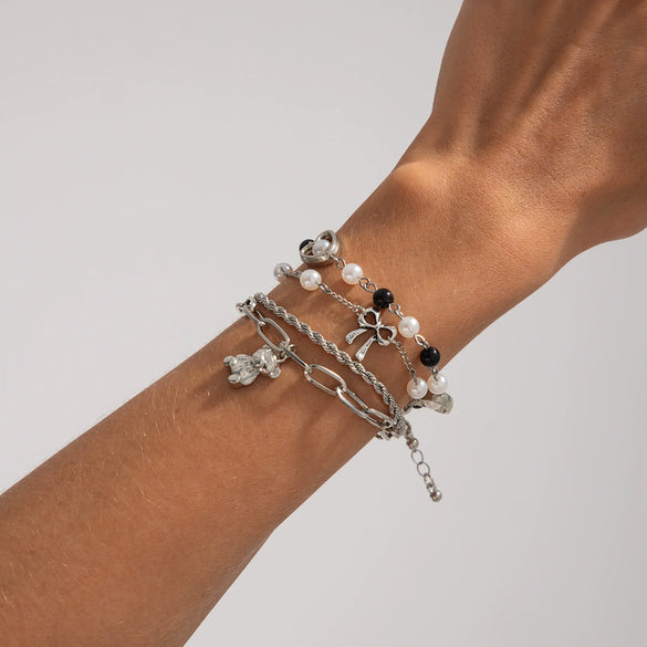 Alloy Sweet Cute Bear Bow Pendant Bracelet With Heart And Star Shapes And Electroplating