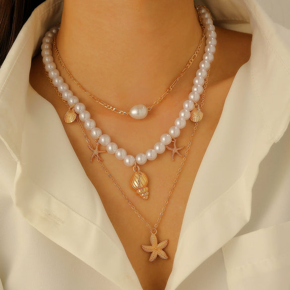 Alloy Three Layer Pearl Starfish Pendant Necklace With Animal And Zodiac Shapes Electroplated For Girls