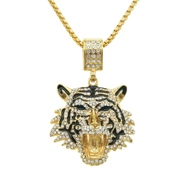Alloy Tiger Head Pendant Necklace With Diamond Square Pearl Chain Styling Of Animals And Zodiac