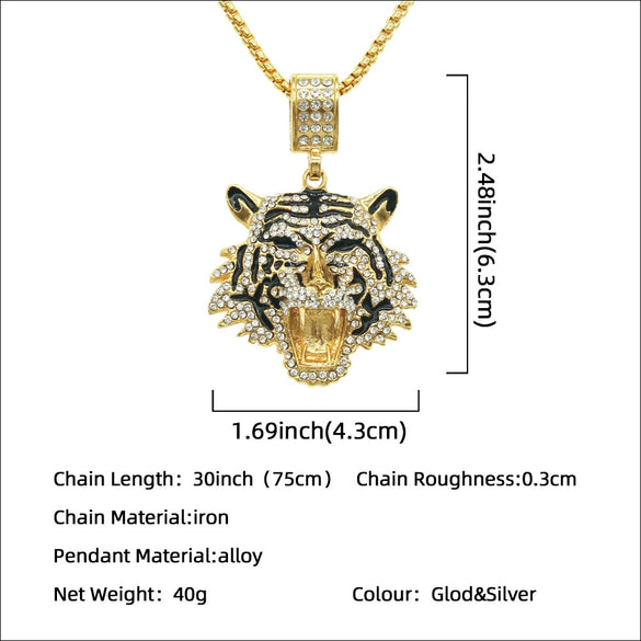 Alloy Tiger Head Pendant Necklace With Diamond Square Pearl Chain Styling Of Animals And Zodiac