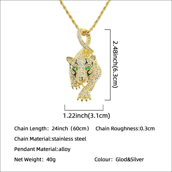 Alloy Tiger Pendant Necklace With Diamond Cuban Chain Fashion Hip Hop Style Zodiac And Animal Pattern