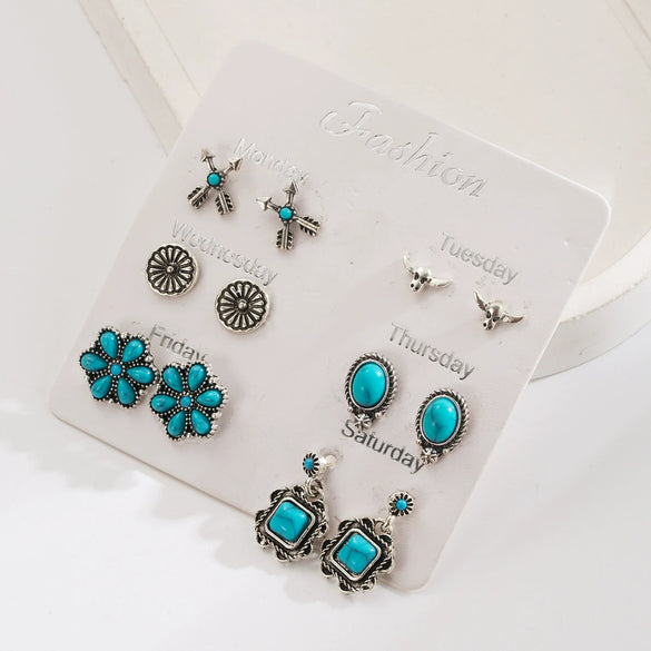 Alloy Turquoise Geometric Flower Bull Head Pony Earrings For Women Electroplated