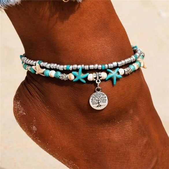 Alloy Turquoise Turtle Shell Starfish Pendant Anklet Geometric Retro Multilayer Unisex Beach Footwear