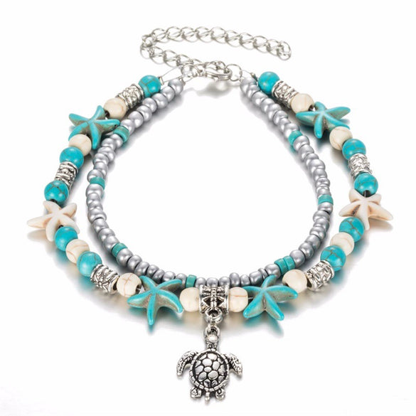 Alloy Turquoise Turtle Shell Starfish Pendant Anklet Geometric Retro Multilayer Unisex Beach Footwear