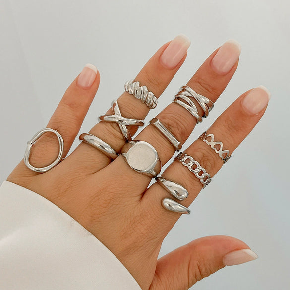 Alloy Twist Hollow Cross Chain Ring With Wave Pattern Punk Style Electroplated