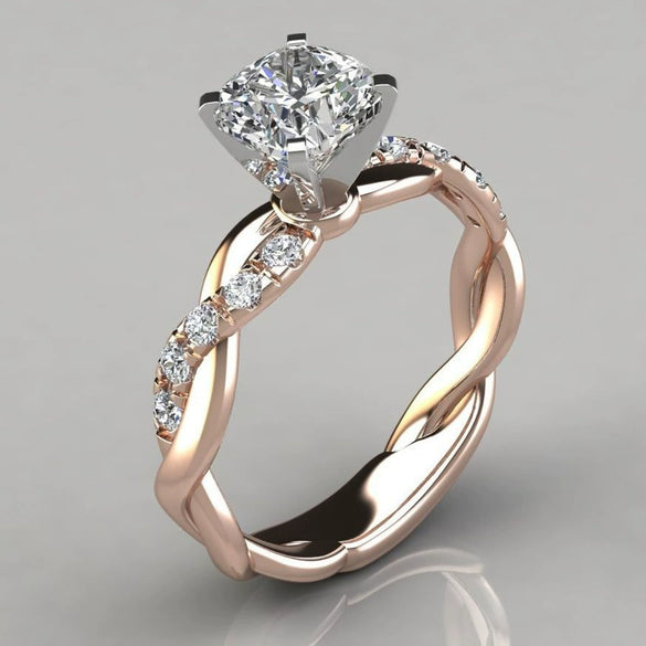 Alloy Twocolor Princess Square Diamond Ring With Flower Pattern Electroplated For Women