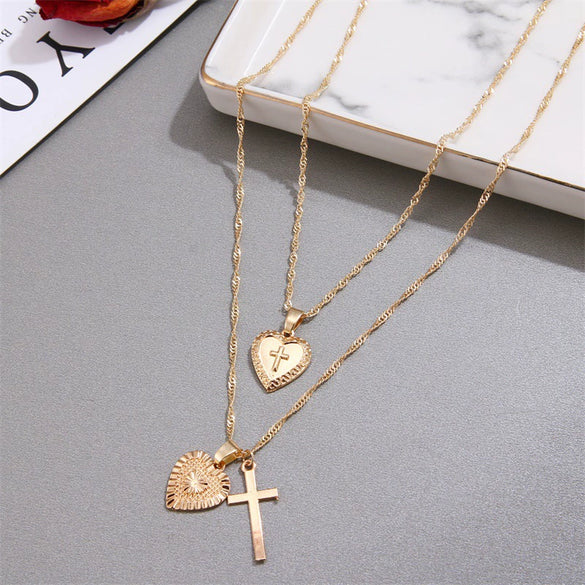 Alloy Vintage Geometric Cross And Peach Heart Pendant Necklace With Electroplating Treatment For Women