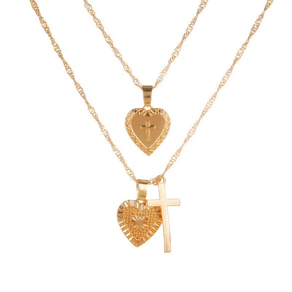 Alloy Vintage Geometric Cross And Peach Heart Pendant Necklace With Electroplating Treatment For Women