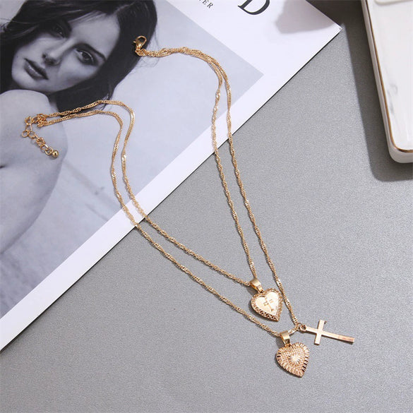 Alloy Vintage Geometric Cross And Peach Heart Pendant Necklace With Electroplating Treatment For Women
