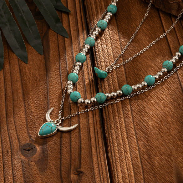 Alloy Vintage Imitation Turquoise Cow Head Beaded Clavicle Necklace With Geometric And Animal Patterns Electroplated