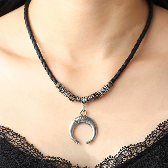Alloy Vintage Necklace With Crescent Pendant Geometric Pattern Electroplated Beaded Woven Rope Sweater Chain Unisex