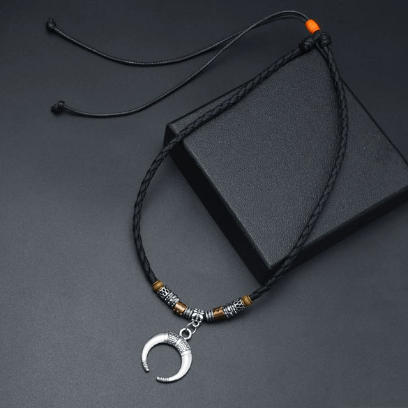 Alloy Vintage Necklace With Crescent Pendant Geometric Pattern Electroplated Beaded Woven Rope Sweater Chain Unisex