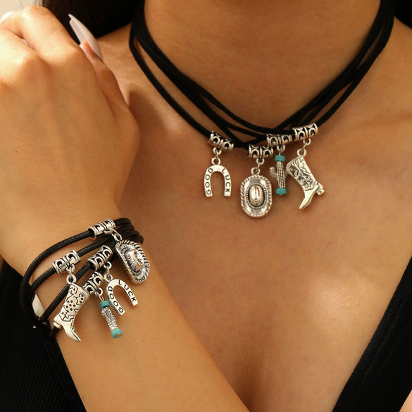 Alloy Western Cowboy Style Jewelry With Bull Head Horseshoe Hat Pattern And Electroplating