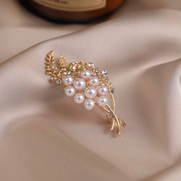 Alloy Wheat Pearl Flower Brooch For Women Electroplated Minimalist Style Suit Accessories