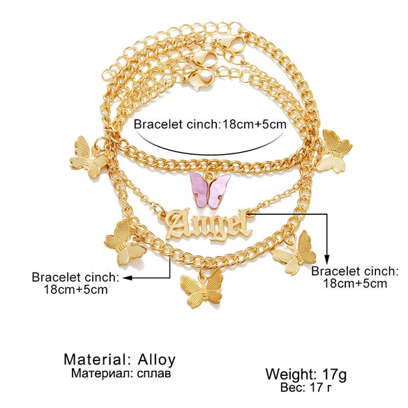 Alloy Women's Angel Butterfly Bow Anklet Multi Layer Pendant Foot Ornaments