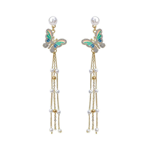 Alloy Women's Elegant Butterfly And Pearl Tassel Earrings With Animal And Zodiac Pattern