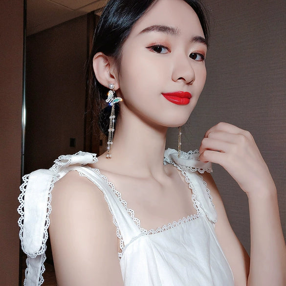 Alloy Women's Elegant Butterfly And Pearl Tassel Earrings With Animal And Zodiac Pattern