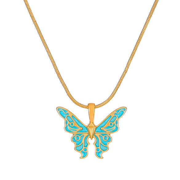 Alloy Women's Fantasy Rainbow Butterfly Pendant Necklace With Dripping Oil Design And Animal Pattern