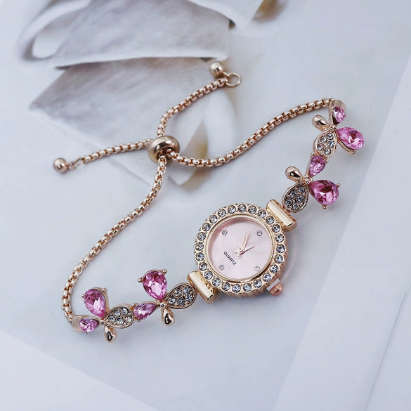 Alloy Women's Fashionable Round Dial Pointer Watch With Petal Leaves Butterfly Design