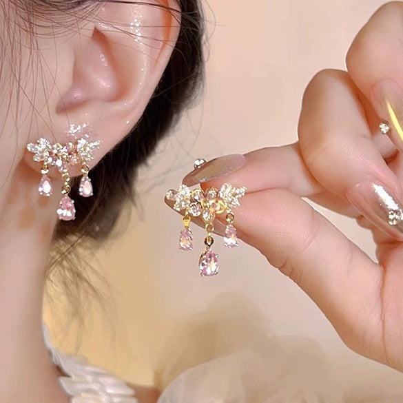Alloy Women's Flowershaped Butterfly Drop Earrings Set With Diamonds