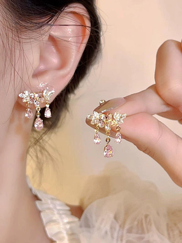 Alloy Women's Flowershaped Butterfly Drop Earrings Set With Diamonds