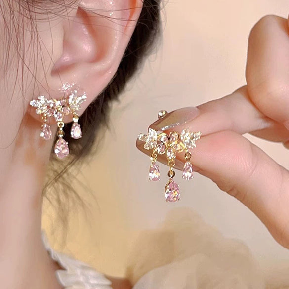 Alloy Women's Flowershaped Butterfly Drop Earrings Set With Diamonds