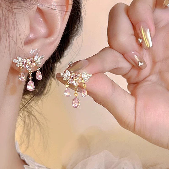 Alloy Women's Flowershaped Butterfly Drop Earrings Set With Diamonds