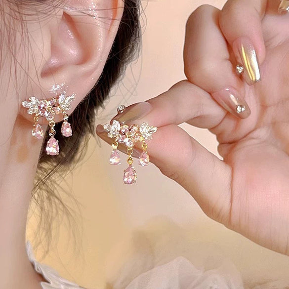 Alloy Women's Flowershaped Butterfly Drop Earrings Set With Diamonds