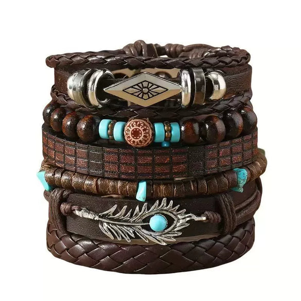 Alloy Wood Beads Beaded Multilayer Vintage Flower Peacock Feather Heartshaped Handwoven Geometric Electroplated Unisex Bracelet