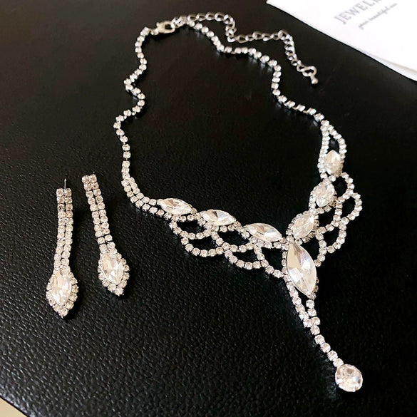 Alloy Zircon Inlaid Water Drop Earrings And Necklace Twopiece Women's Light Luxury Highend Jewelry