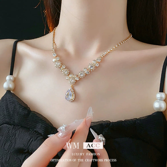 Alloy Zircon Inlaid Water Drop Earrings And Necklace Twopiece Women's Light Luxury Highend Jewelry