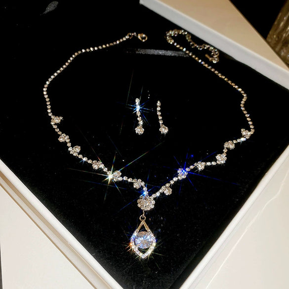 Alloy Zircon Inlaid Water Drop Earrings And Necklace Twopiece Women's Light Luxury Highend Jewelry