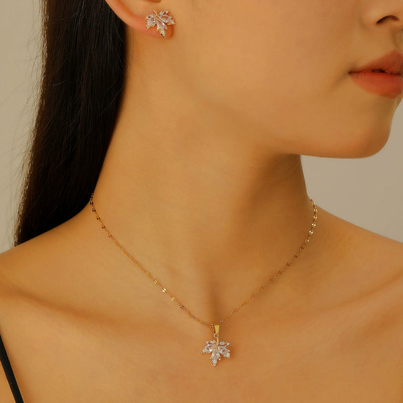 Alloy Zircon Maple Leaf Pendant Set Electroplated Women's Jewelry Necklace Earrings