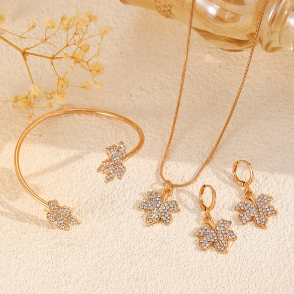 Alloy Zircon Maple Leaf Pendant Set Electroplated Women's Jewelry Necklace Earrings