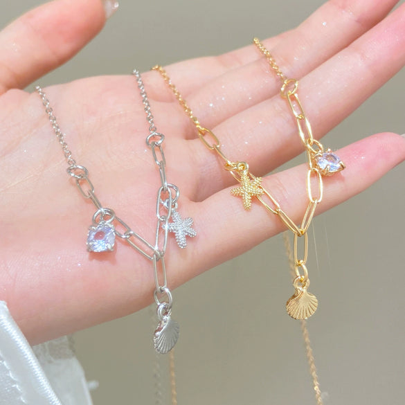 Alloy Zircon Starfish Pendant Necklace For Women Electroplated Animal Style Jewelry