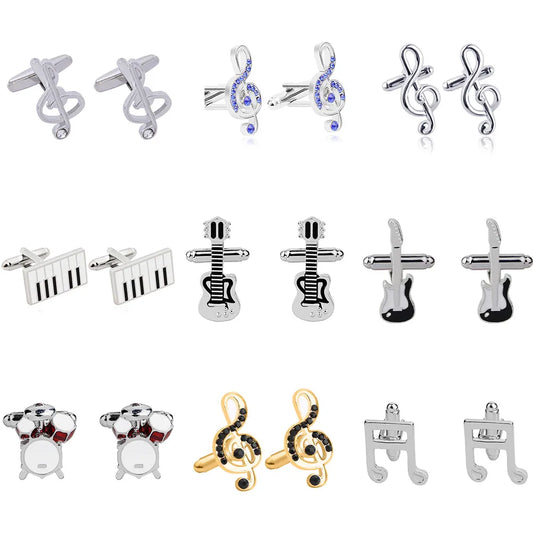 Fashion High Quality Titanium Steel Electroplating Paint Diamond-Embedded Music Symbol Guitar Piano Drum Kit Series Cufflinks