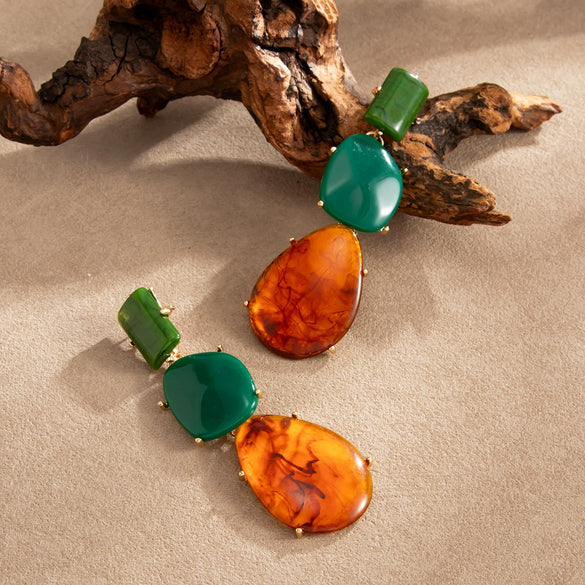 Ambertoned Resin Geometric Stud Earrings With Square And Teardrop Shapes Electroplated Finish And Steel Posts