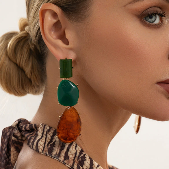 Ambertoned Resin Geometric Stud Earrings With Square And Teardrop Shapes Electroplated Finish And Steel Posts