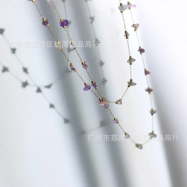 Xl092 Amethyst Irregular Golden Balls Gravel Crystal Necklace Short Chain Titanium Steel Plated 18k Gold Color Protection Live Broadcast