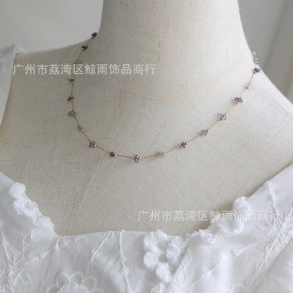 Xl092 Amethyst Irregular Golden Balls Gravel Crystal Necklace Short Chain Titanium Steel Plated 18k Gold Color Protection Live Broadcast