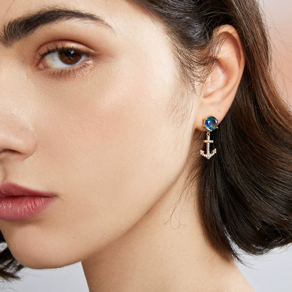 Anchorshaped Electroplated Copper Stud Earrings With Colorful Zircon And Tourmalineinspired Geometric Design For Women