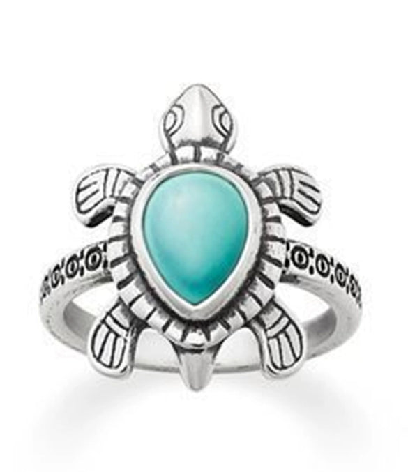 Ancient Silver Tone Turtle Animal Ring With Blue Turquoise Inlay Electroplated Metal Fashion Jewelry For Unisex
